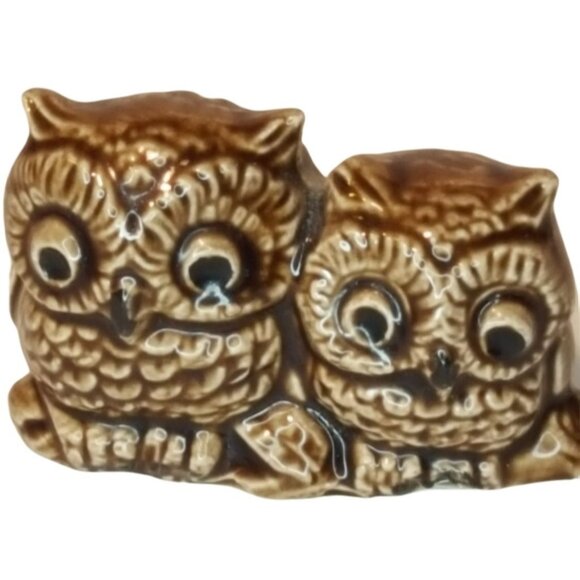 Vintage Ceramic Owls Miniature Pair of owls on Branch Small Brown - Picture 1 of 8